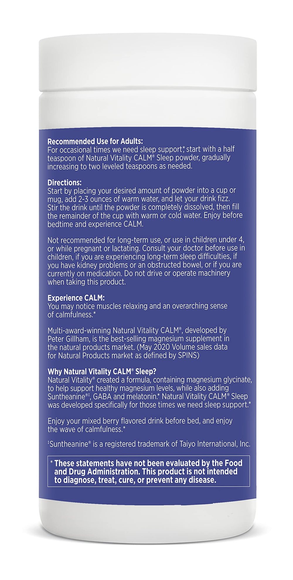 Ingredients and nutrients panel on Calmful Sleep bottle