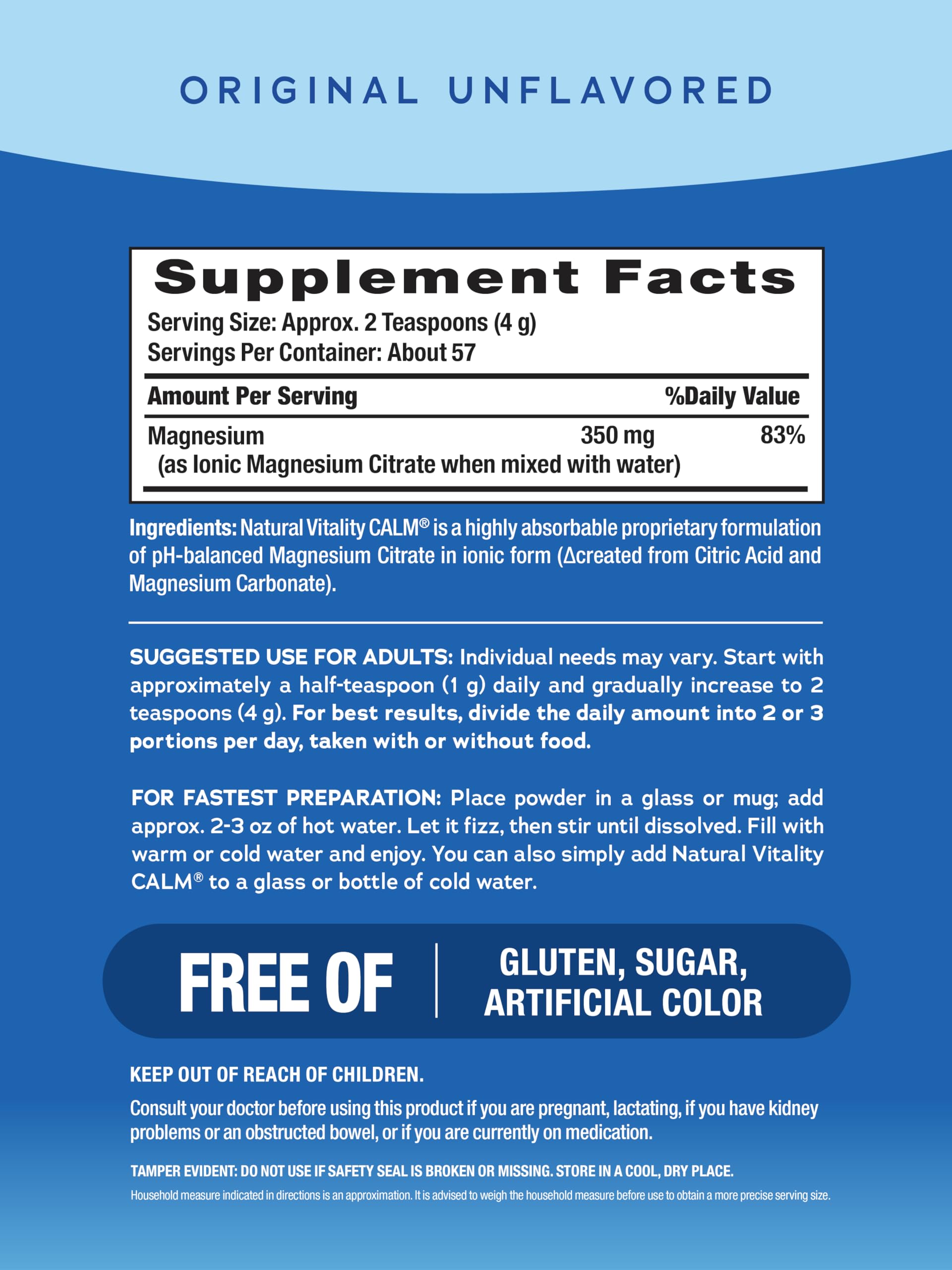 NATURAL VITALITY Original Calm Magnesium Drink Mix 8 oz back view with nutrition facts