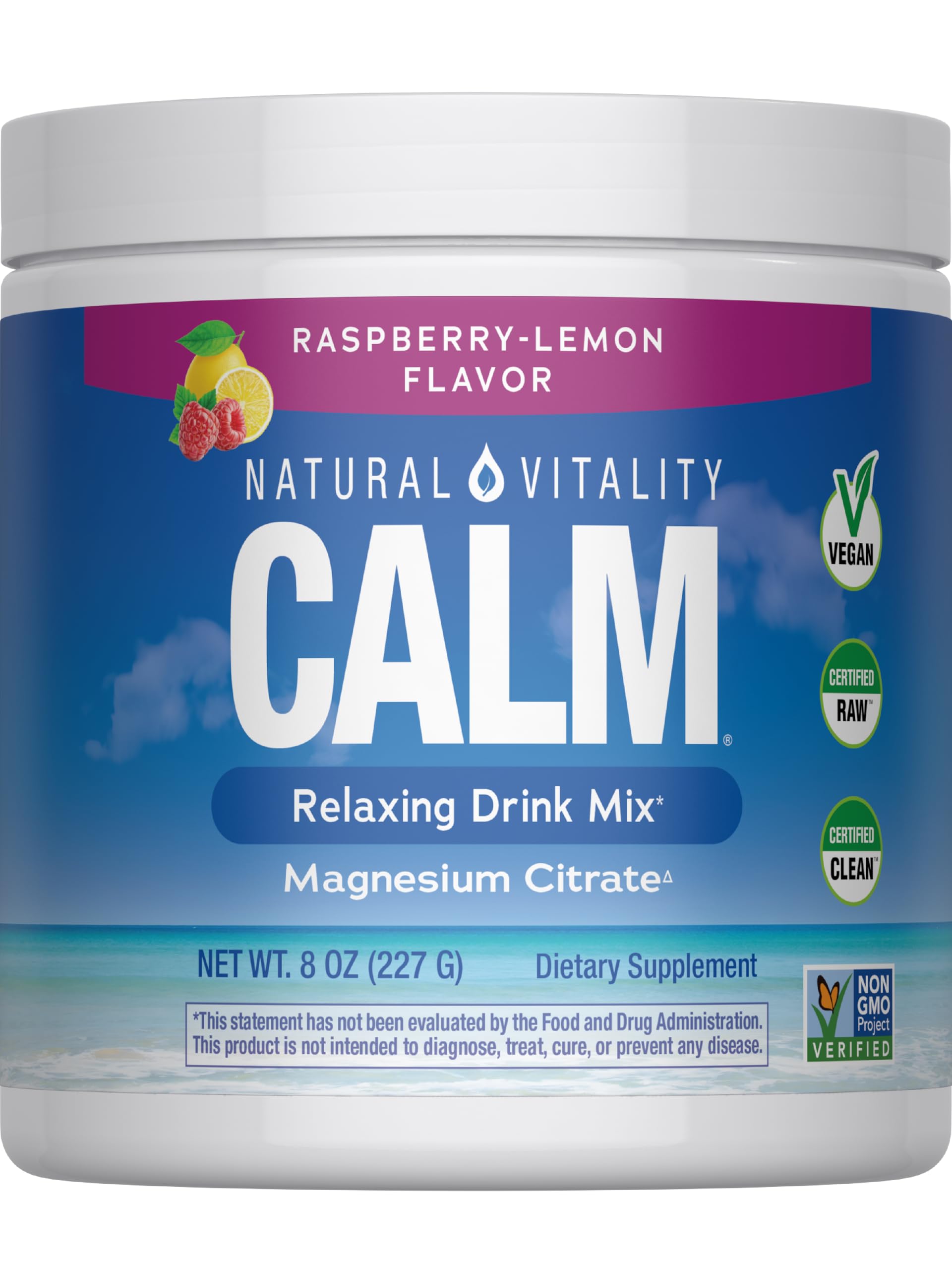 Natural Vitality Raspberry Lemon Calm Magnesium Drink Mix 8 oz front label
