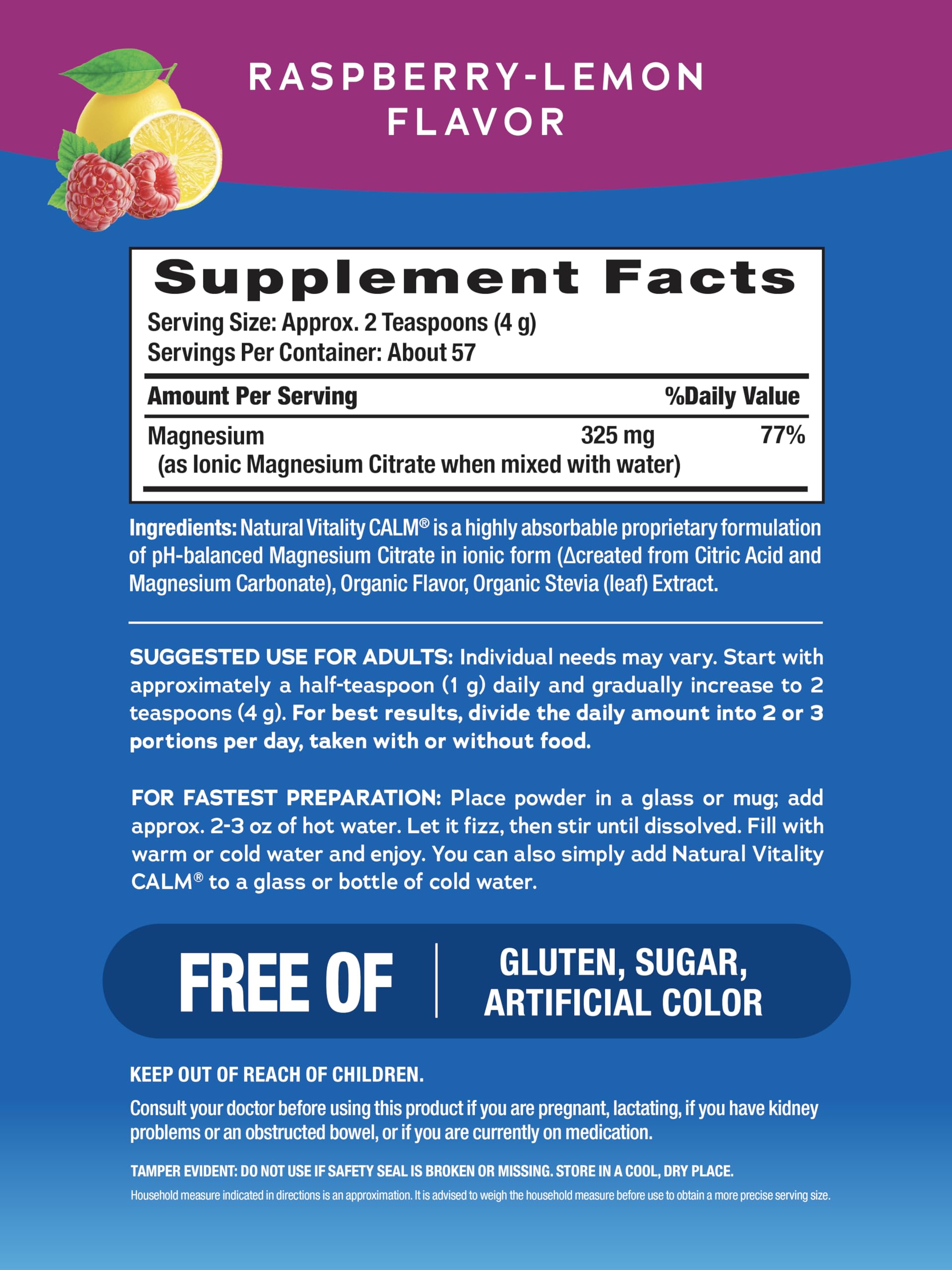 Close-up of Raspberry Lemon Calm magnesium drink mix packaging