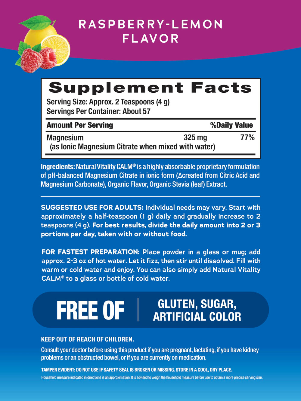 Close-up of Raspberry Lemon Calm magnesium drink mix packaging