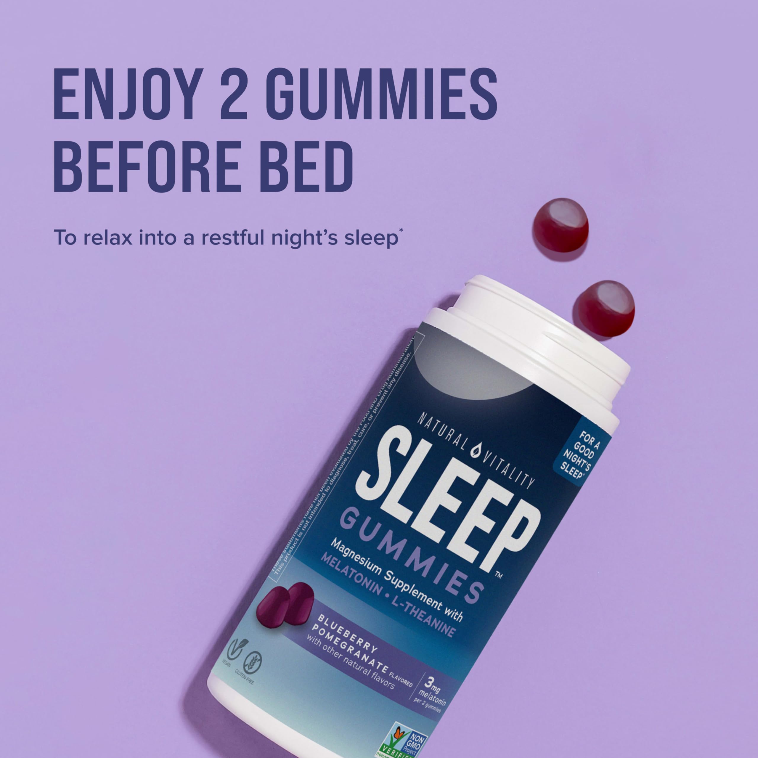 Blueberry pomegranate SLEEP Gummies in a clear view