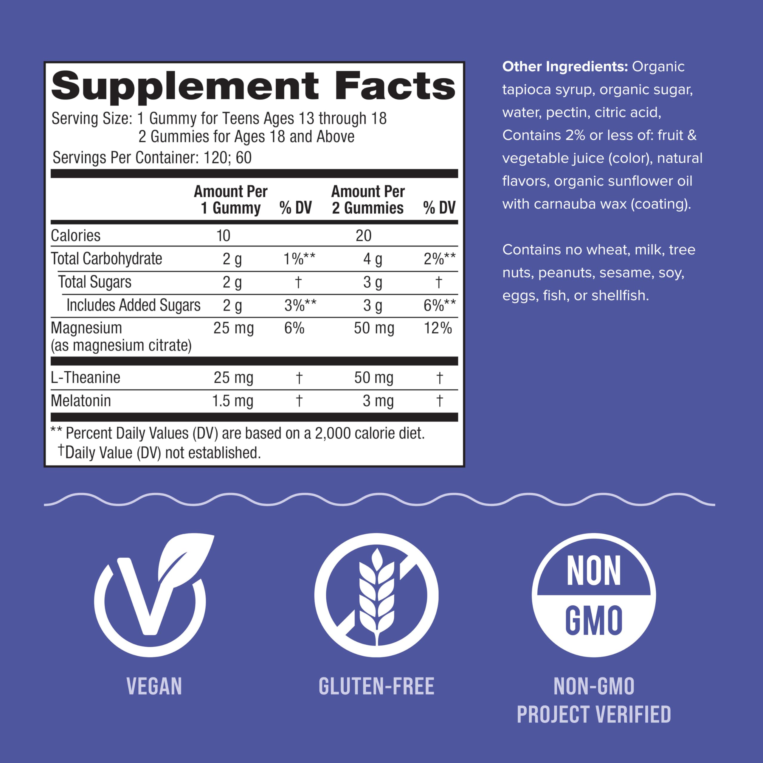 Gummies next to an ingredient photo illustrating magnesium and melatonin