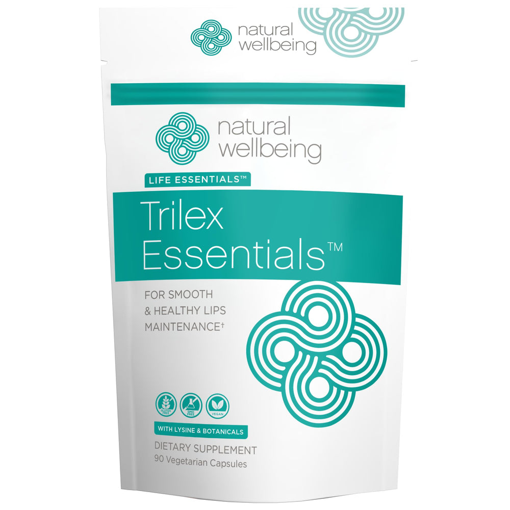 Bottle of Natural Wellbeing Trilex Essentials for cold sores with Lysine and St. John's Wort
