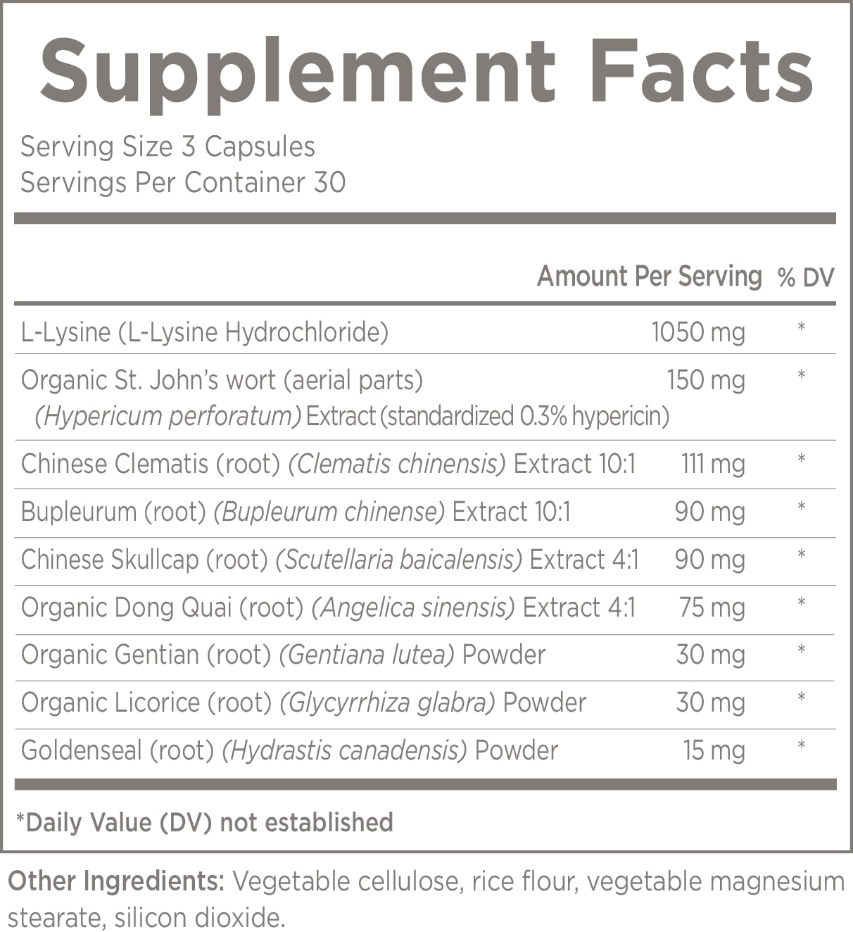 Front label of Trilex Essentials herbal supplement with lips health imagery