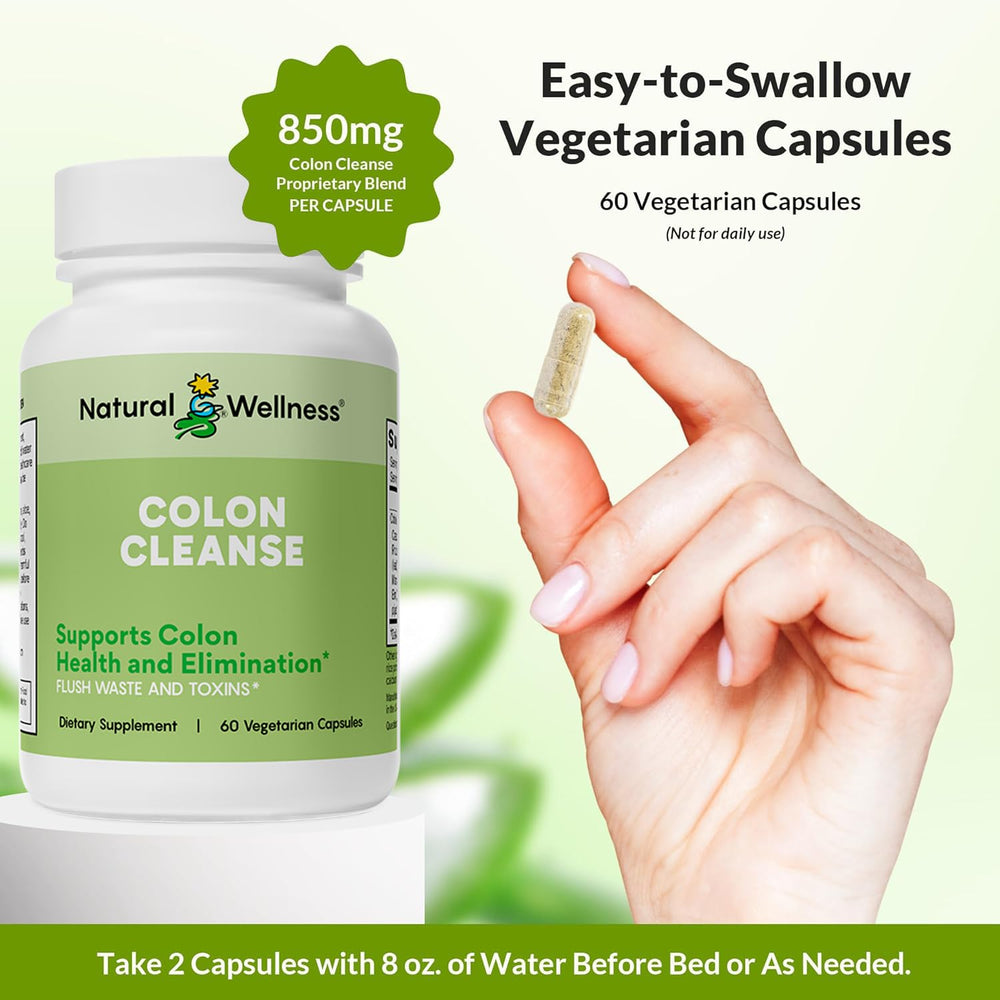 Label showing gluten-free and vegetarian formula of Natural Wellness Colon Cleanse