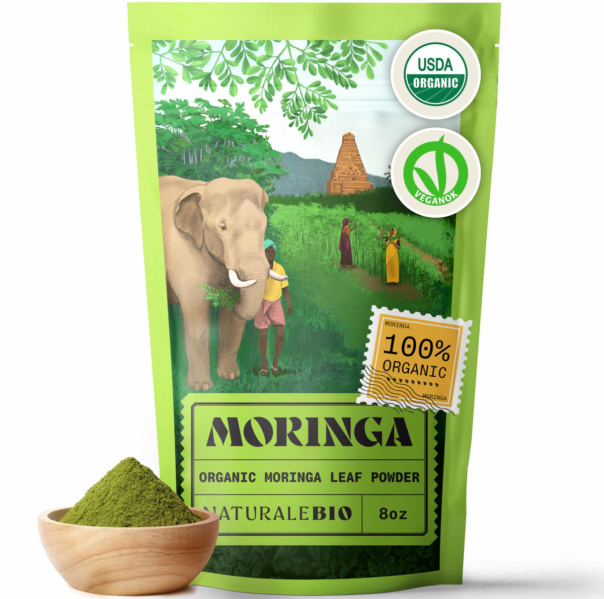 Front label of NaturaleBio Moringa Organic Powder 8 oz