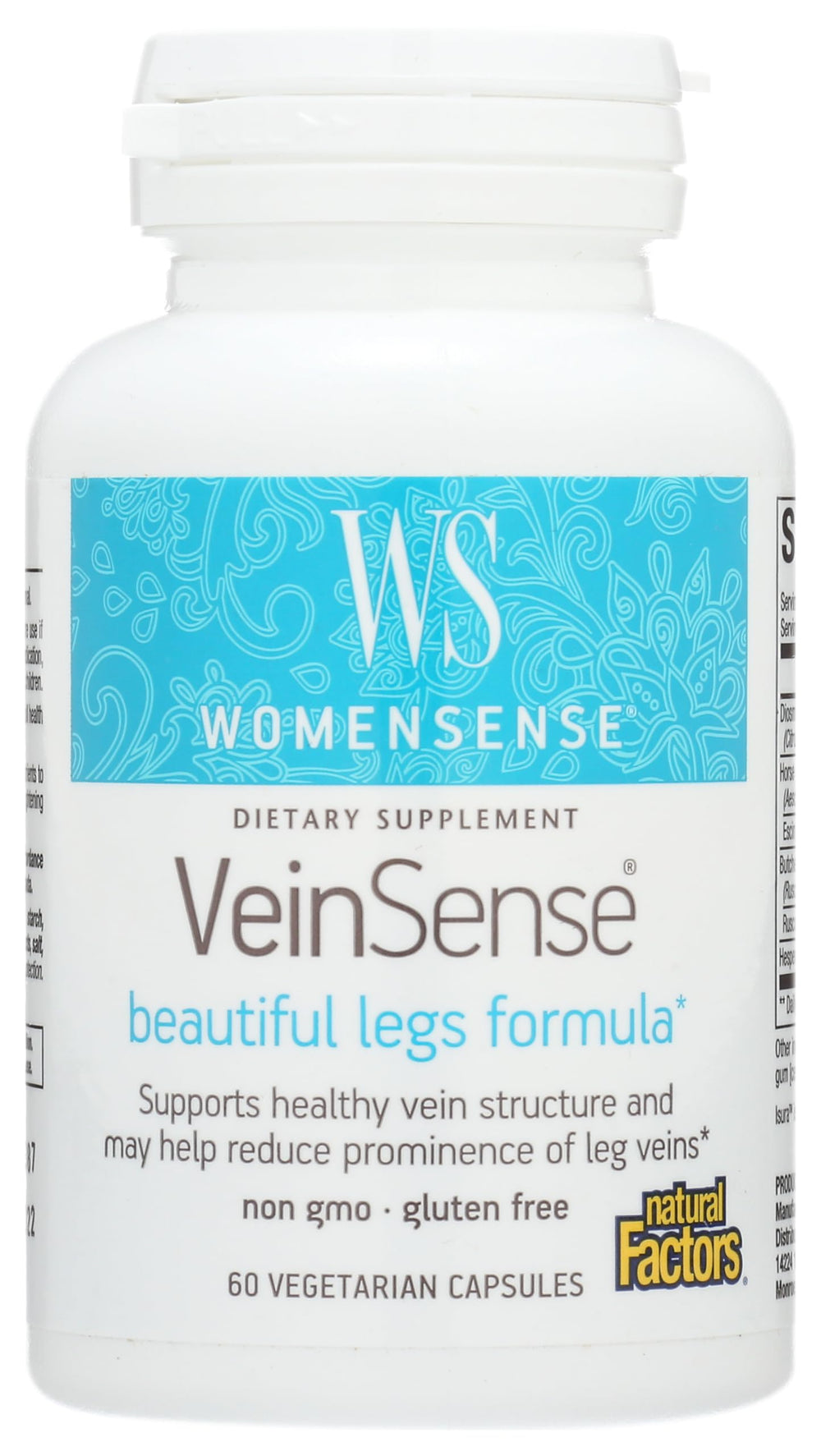 Natural Factors VeinSense bottle front showing vegan vein-support formula for leg comfort