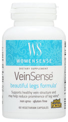 Natural Factors VeinSense bottle front showing vegan vein-support formula for leg comfort