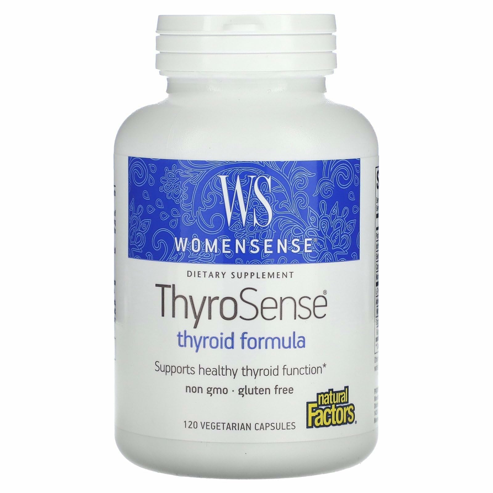 Natural Factors WomenSense ThyroSense bottle on a kitchen counter suggesting balanced energy and metabolism support.