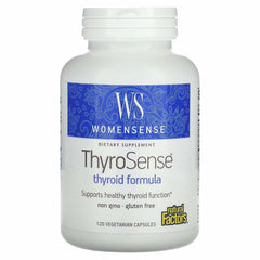 Natural Factors WomenSense ThyroSense bottle on a kitchen counter suggesting balanced energy and metabolism support.