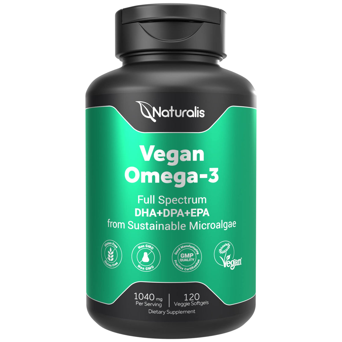 Naturalis Vegan Omega-3 algae oil softgel bottle close-up