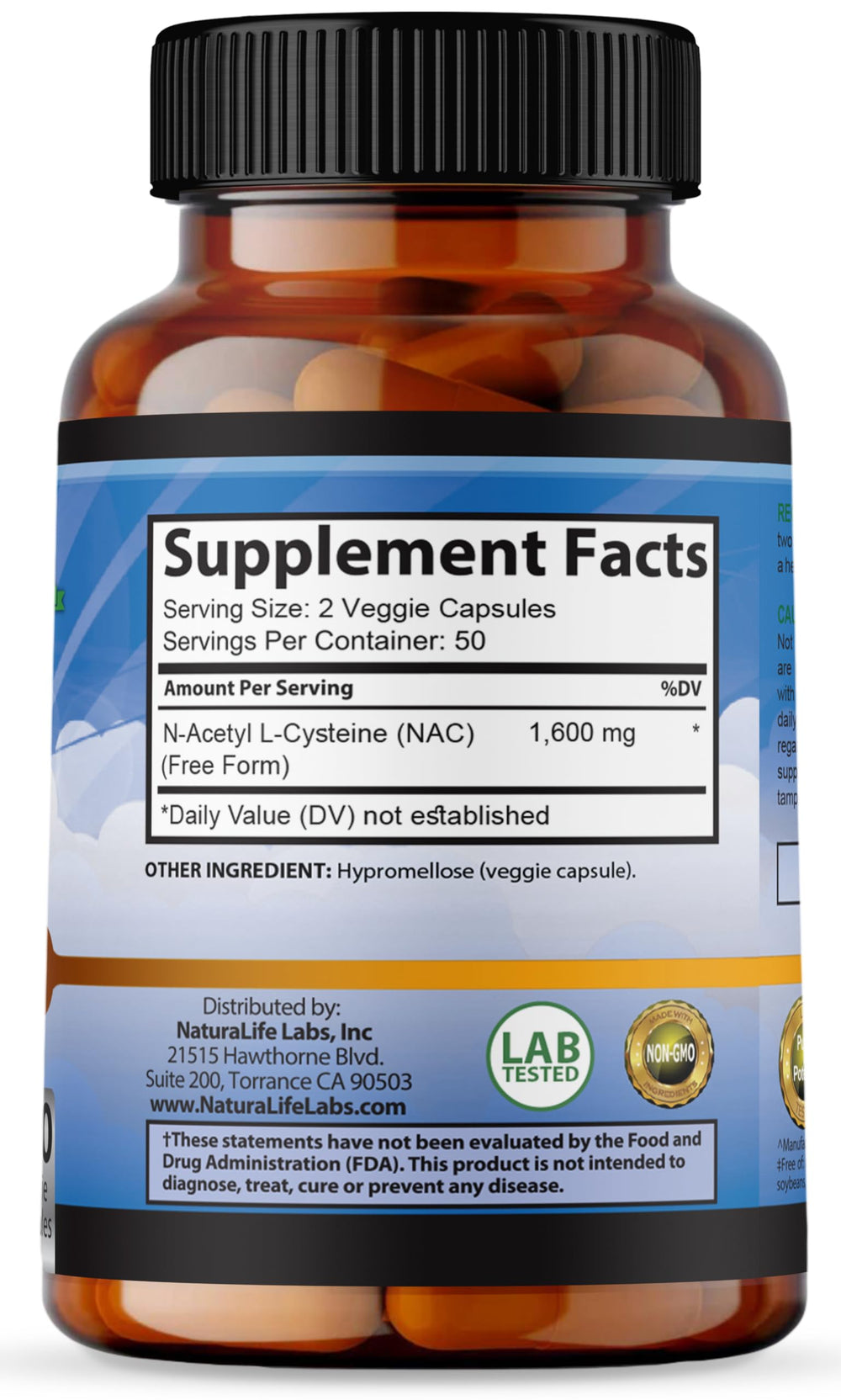 Supplement facts panel showing 1600 mg NAC per capsule