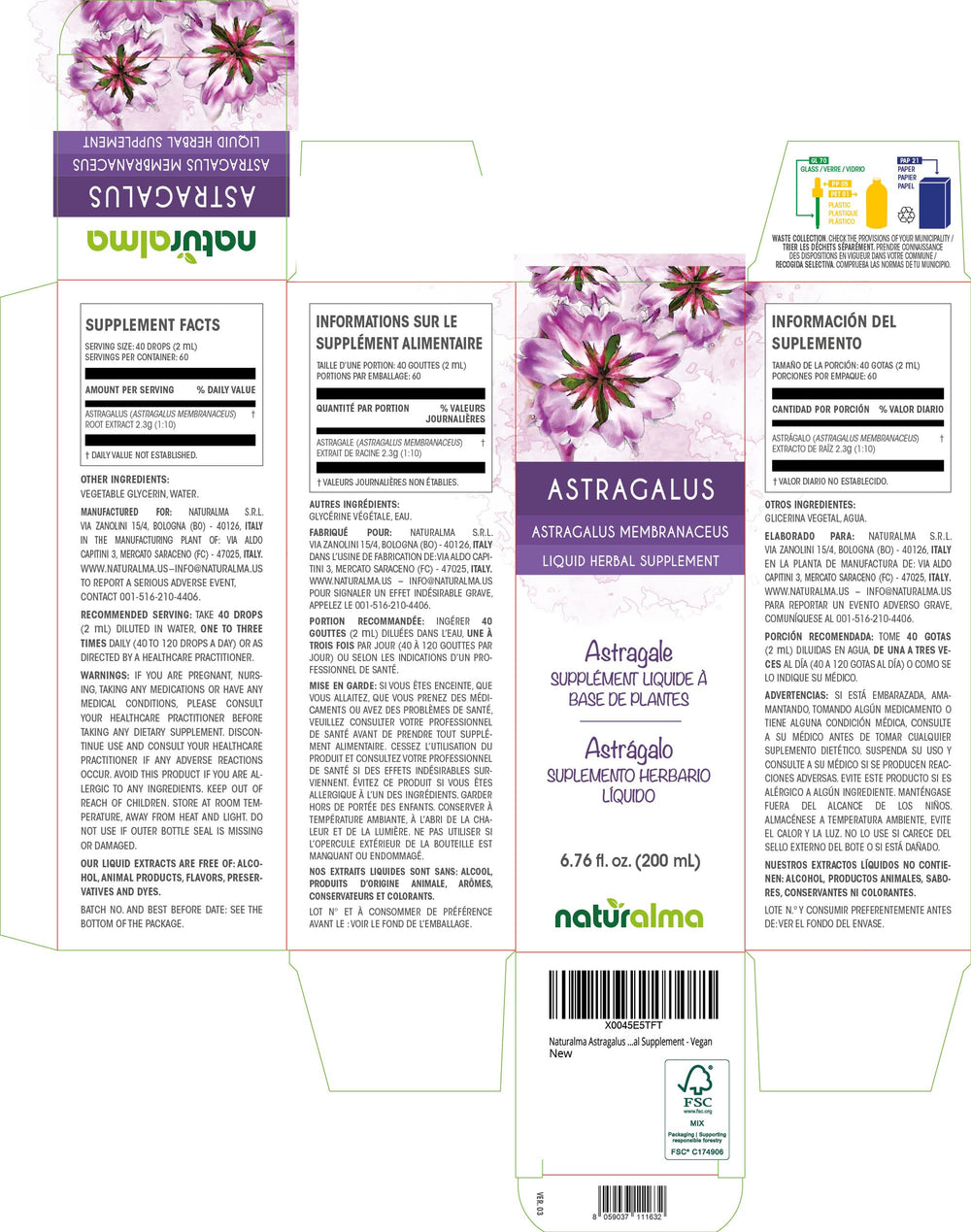 Close-up of Naturalma Astragalus tincture bottle, 6.76 fl oz