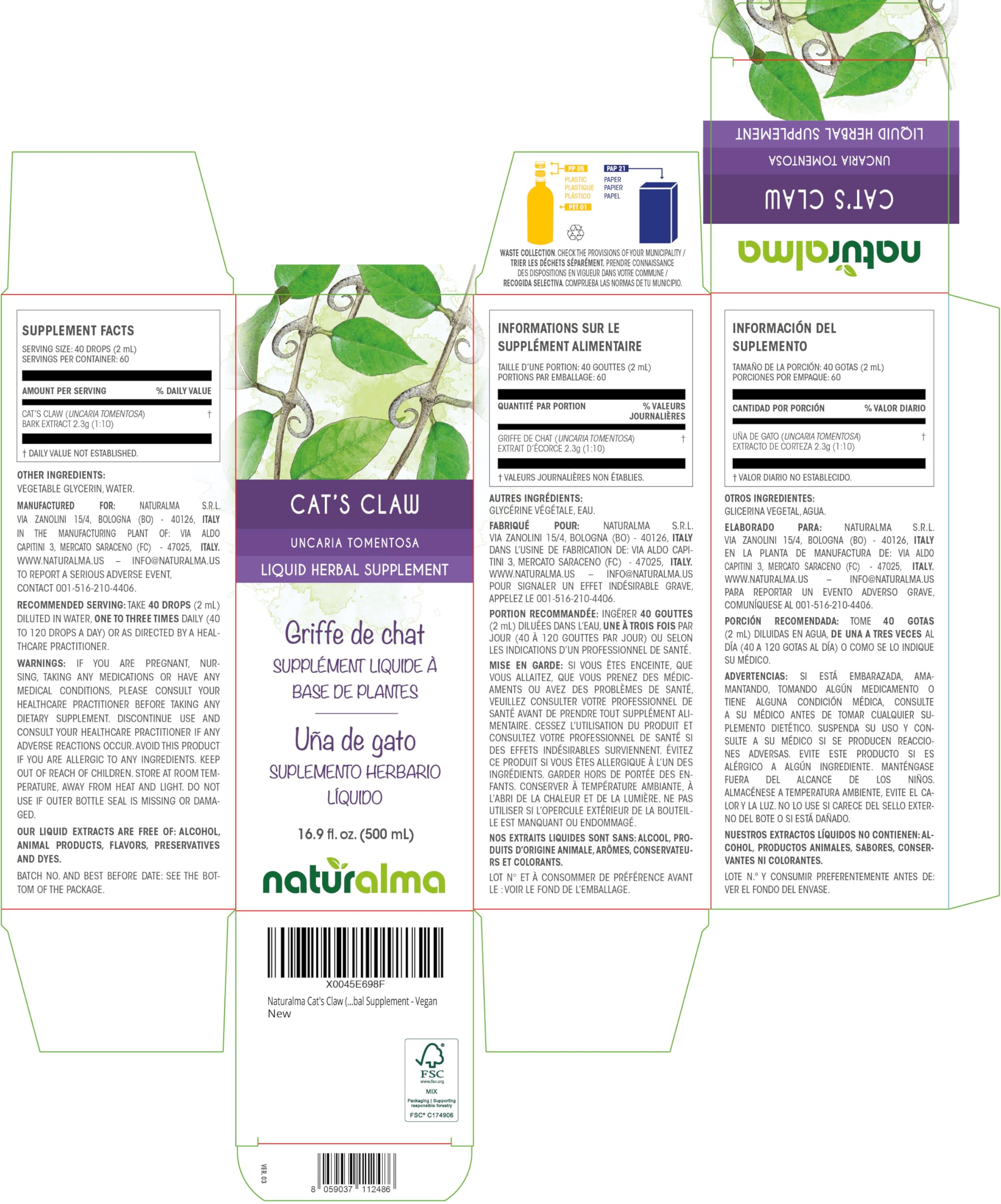 Side view of Naturalma Cat's Claw Bark Tincture bottle 500ml