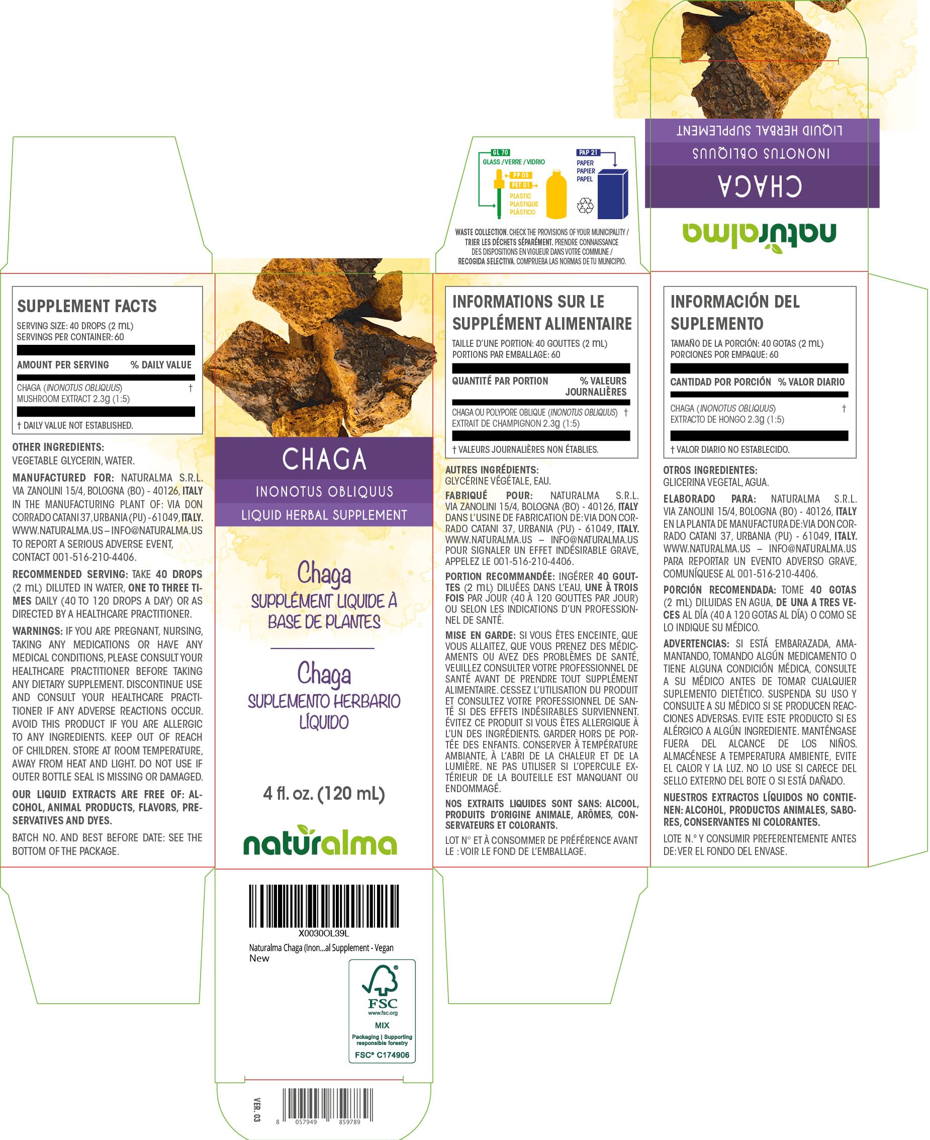 Close-up of Chaga (Inonotus obliquus) mushroom imagery on product label