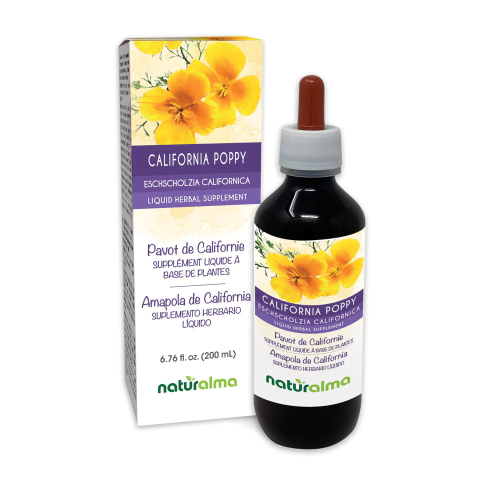 Naturalma Eschscholzia tincture bottle with dropper on white background