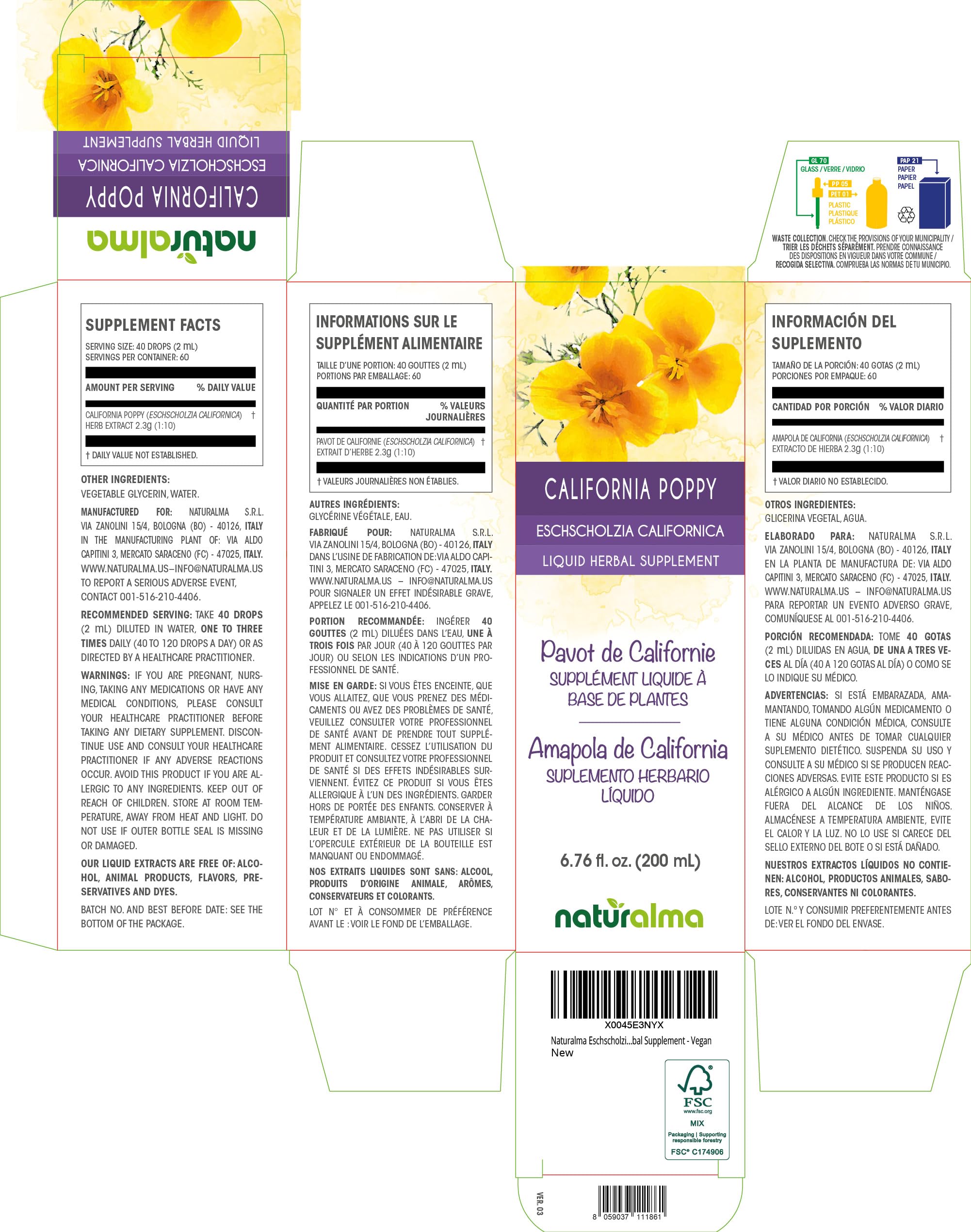 Close-up of Eschscholzia Californica tincture bottle label