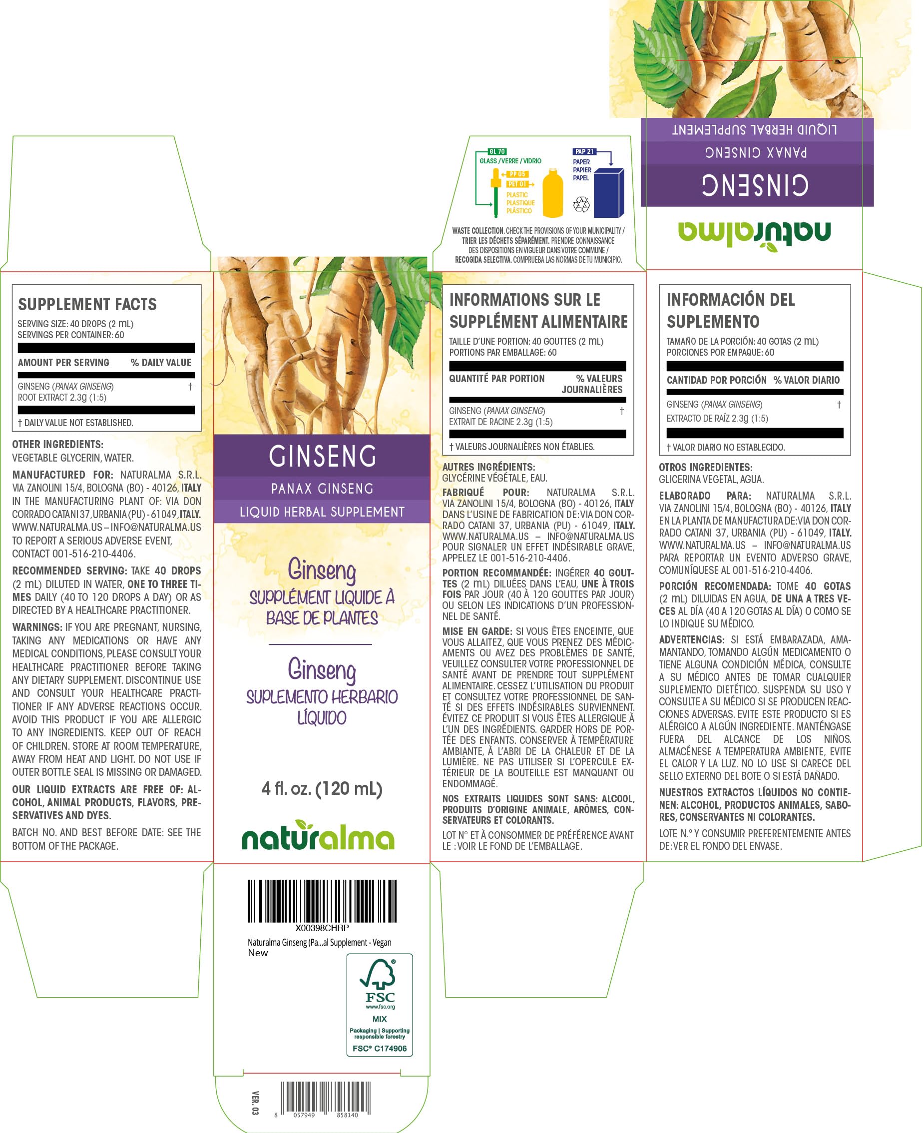 Label close-up of Naturalma Panax ginseng tincture