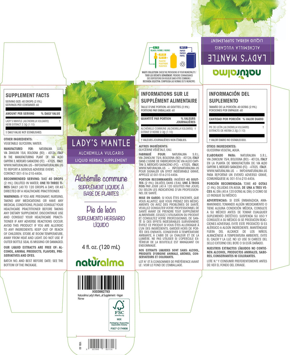 Close-up view of Naturalma Lady's Mantle tincture bottle