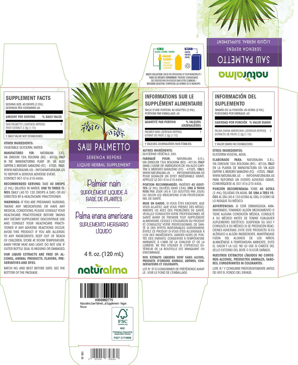 Close-up of the Naturalma Saw Palmetto tincture bottle