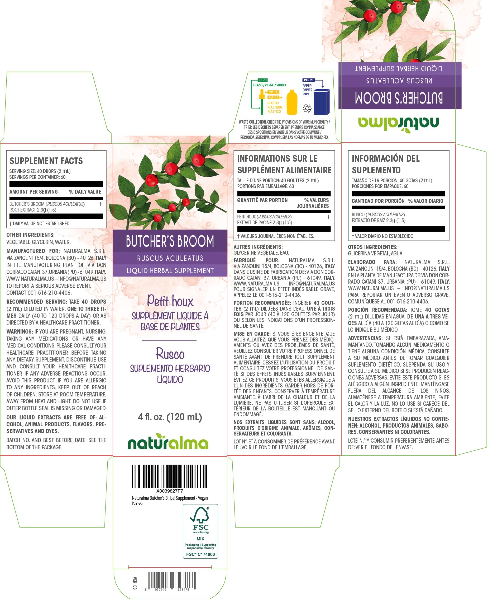 Butcher's Broom root tincture dropper and bottle