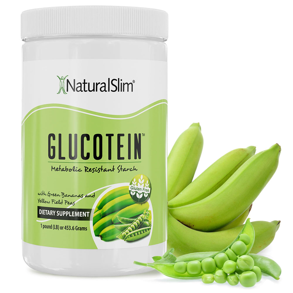 NaturalSlim Glucotein bottle and label highlighting gluten-free formula for digestive support.