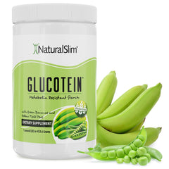 NaturalSlim Glucotein bottle and label highlighting gluten-free formula for digestive support.