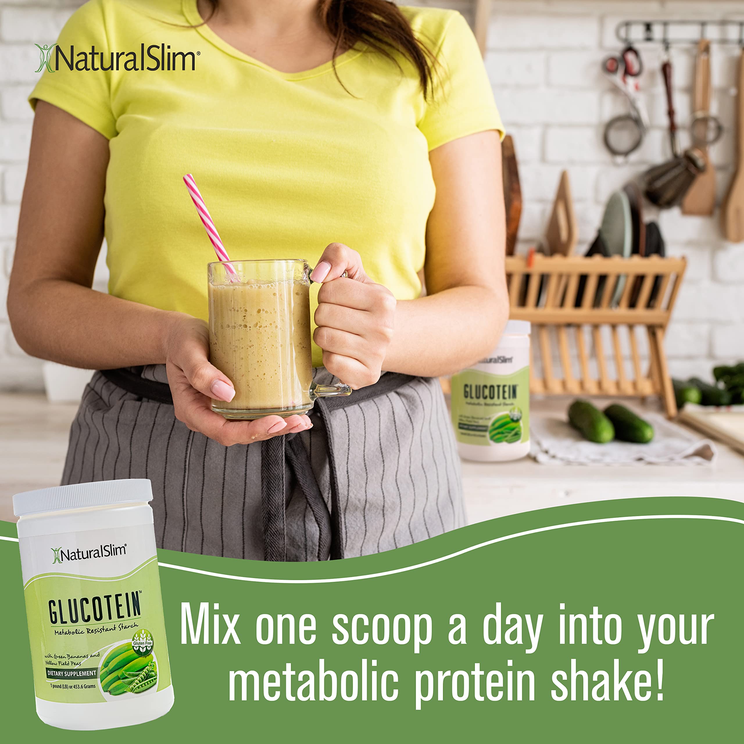 NaturalSlim Glucotein gluten-free baking setup with cookies or pancakes.