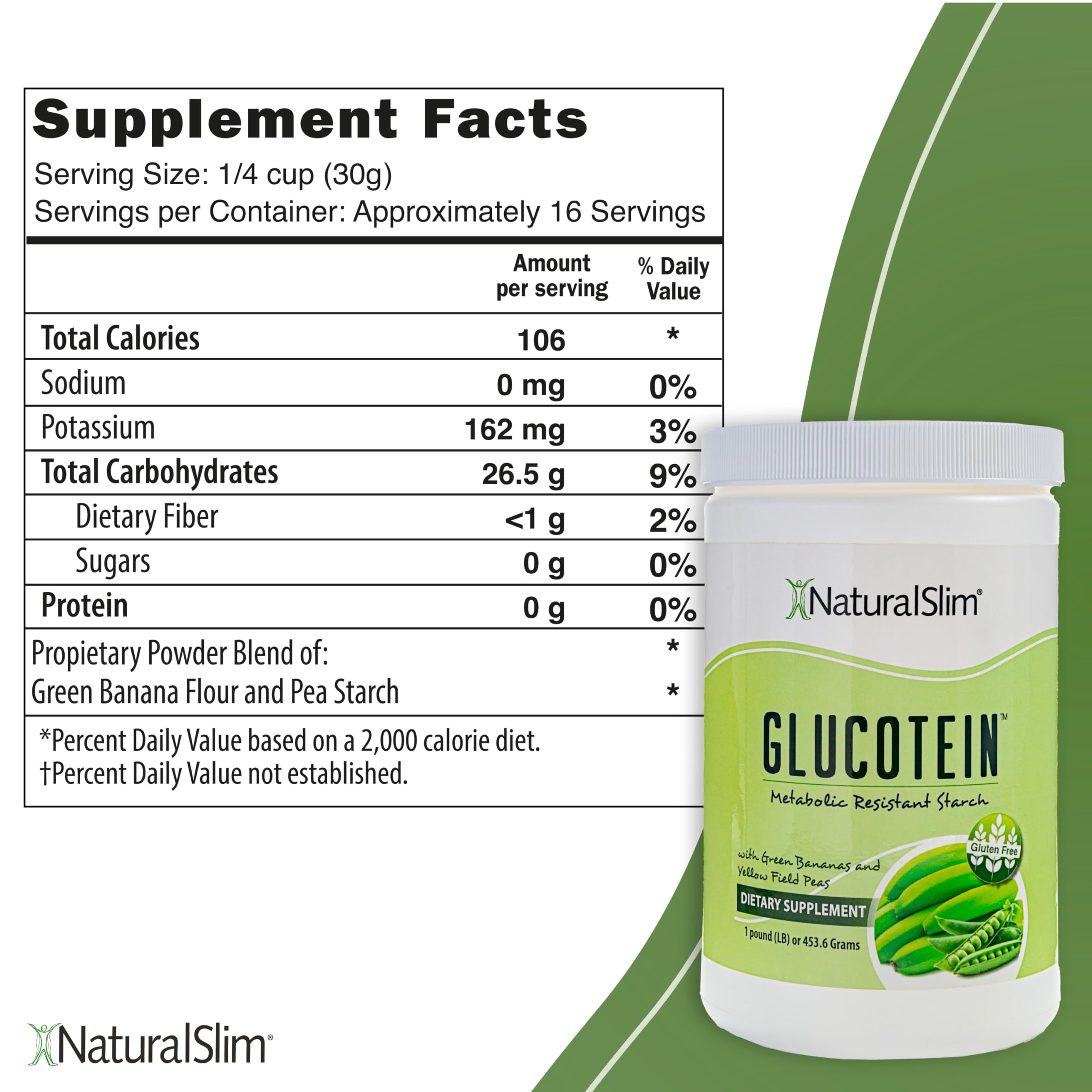 NaturalSlim Glucotein green banana powder pouch shows organic ingredients and versatile use.