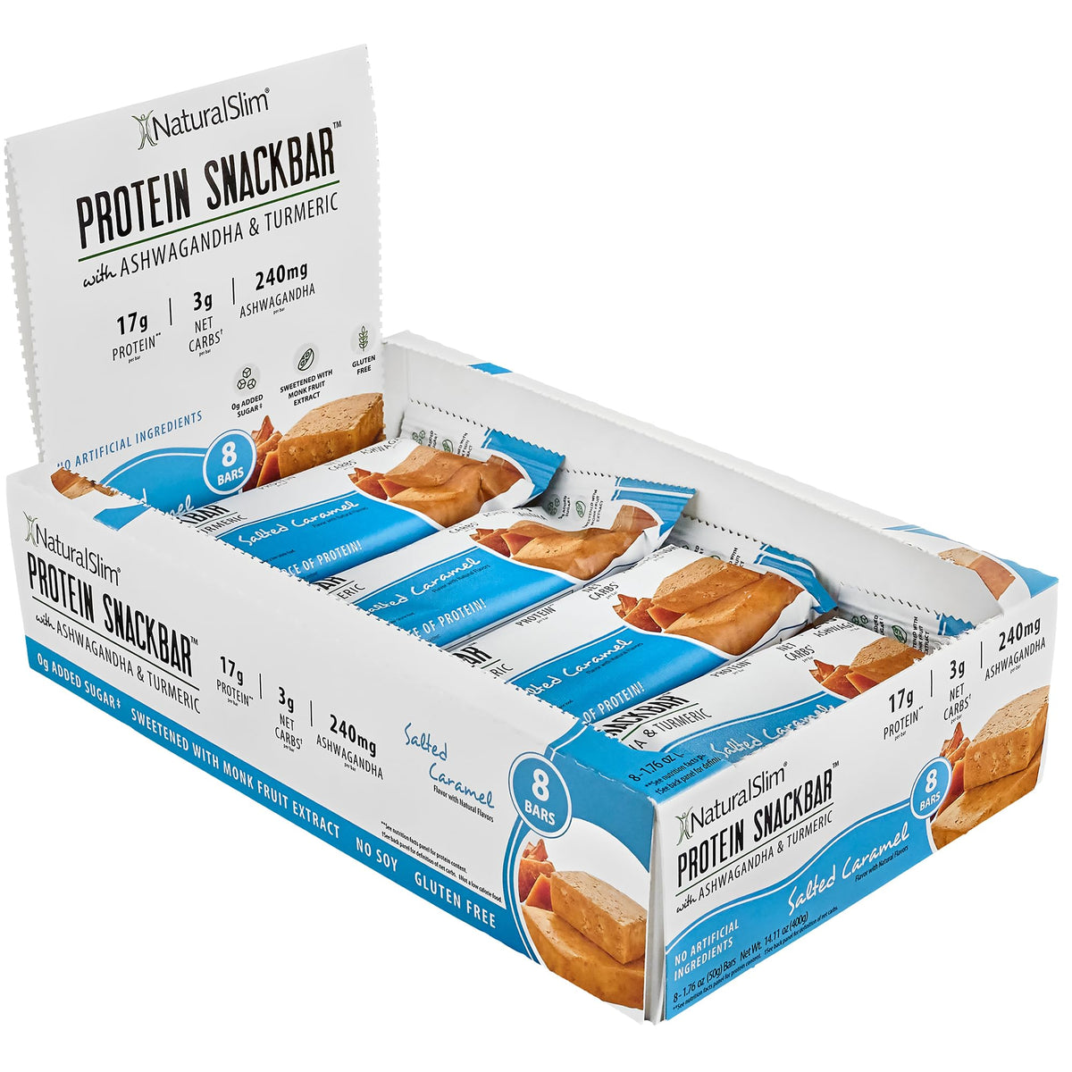 NaturalSlim protein bars with ashwagandha and turmeric, pack-front, for on-the-go energy.