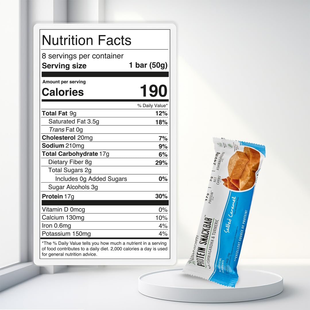 NaturalSlim Salted Caramel bar close-up highlighting dessert-like protein treat.