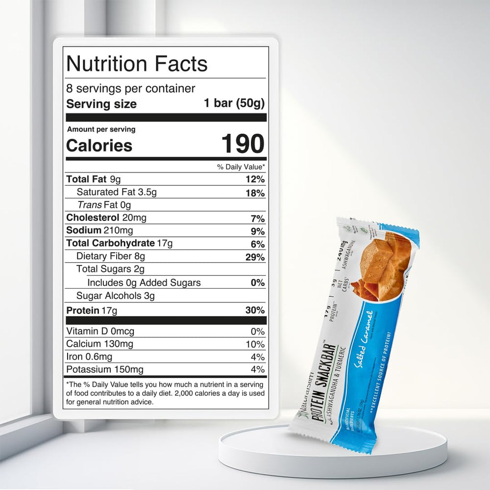 NaturalSlim Salted Caramel bar close-up highlighting dessert-like protein treat.