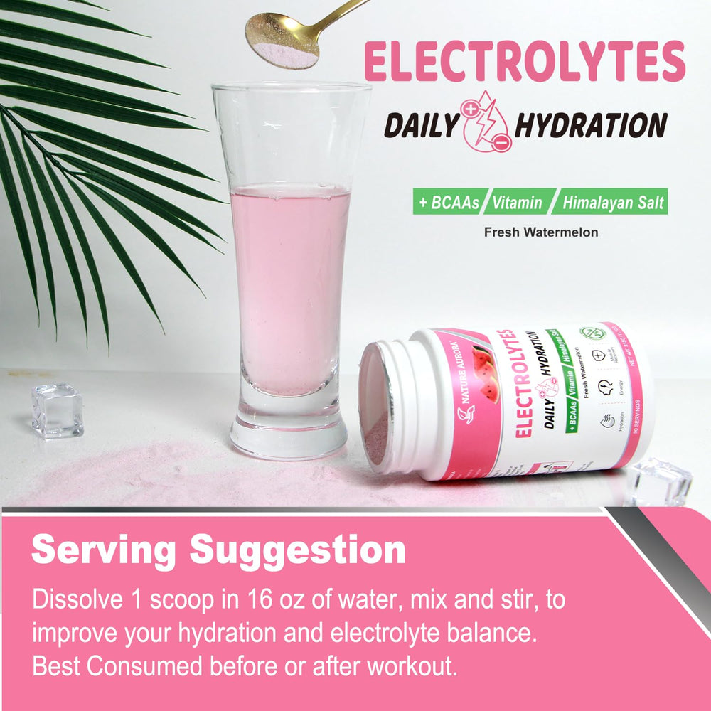 Nature Aurora watermelon electrolyte powder pre-workout setup for ready-to-drink hydration