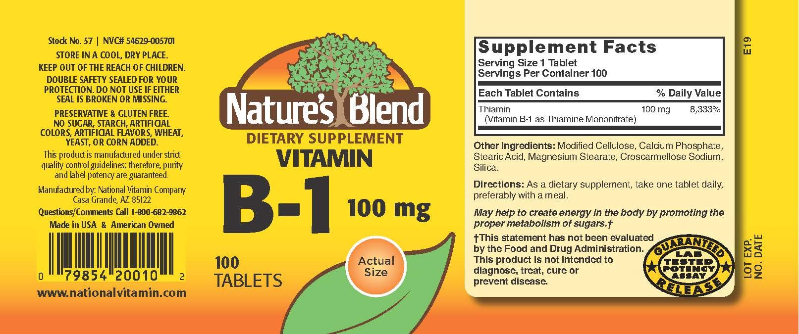 Nature's Blend Vitamin B-1 TB 100 mg bottle - back label