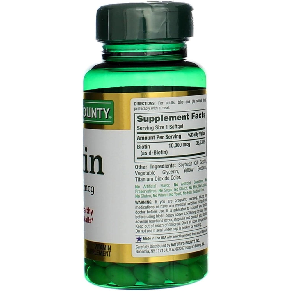 Supplement facts panel for Nature's Bounty Biotin 10,000 mcg