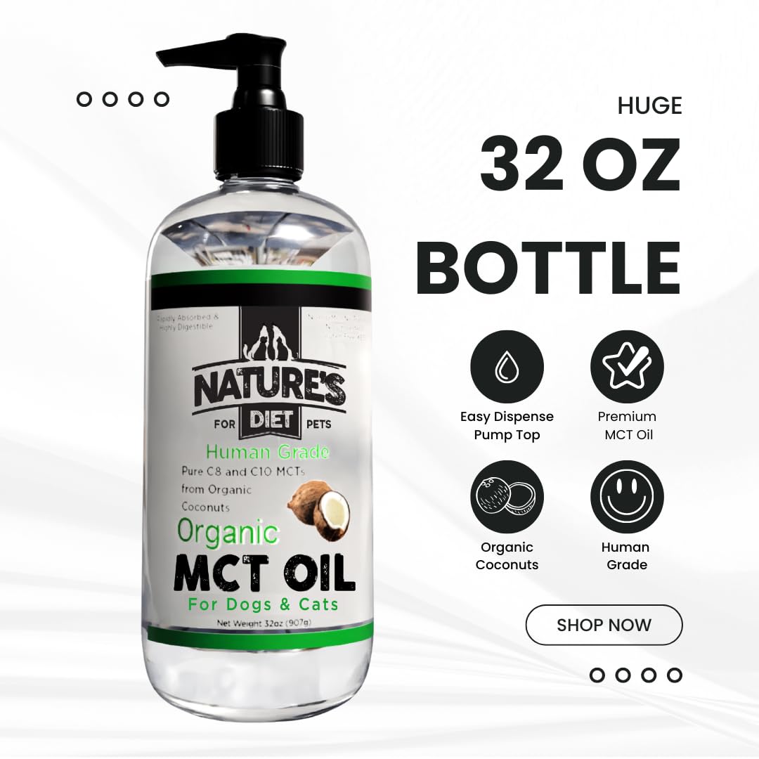 Pouring MCT oil into pet food bowl for versatility