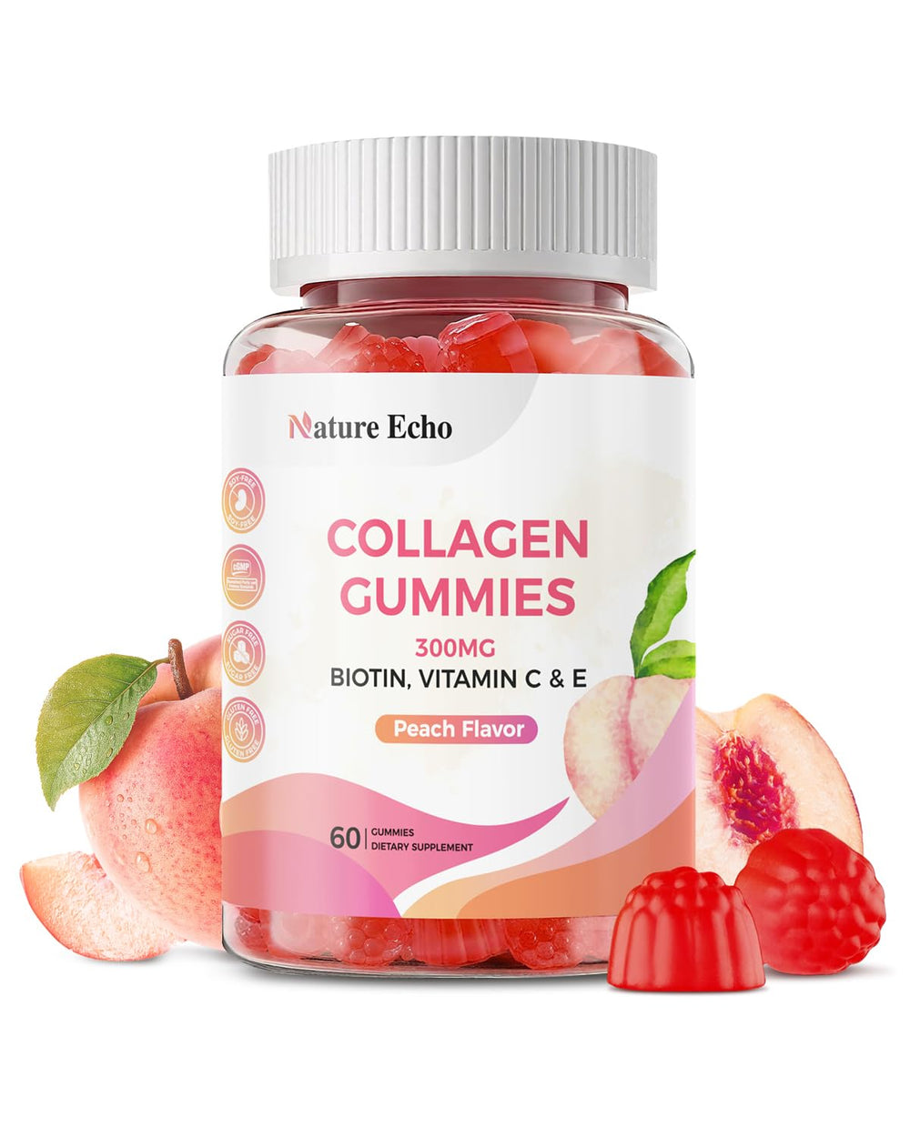 Nature Echo Collagen Gummies bottle with peach flavor label