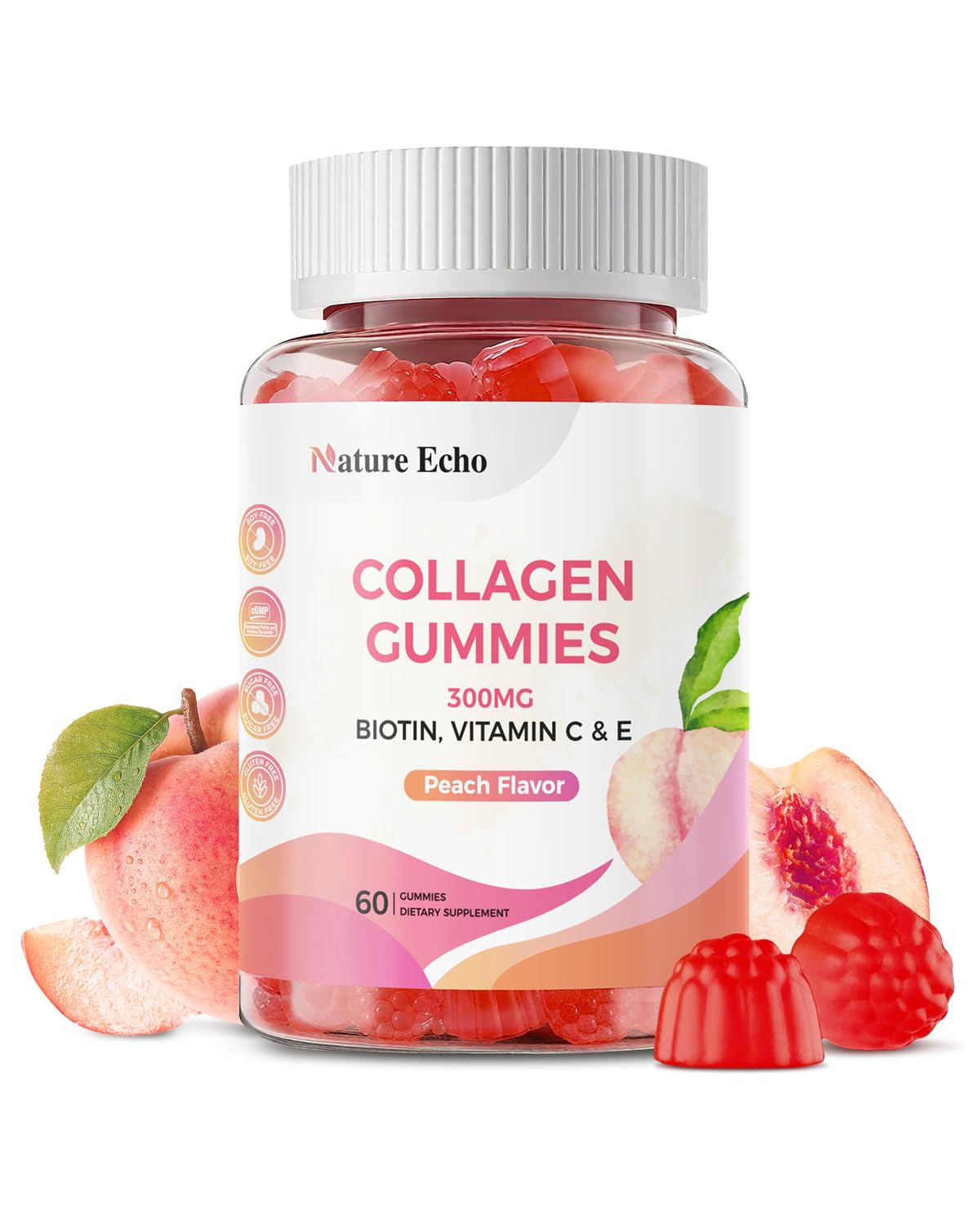 Nature Echo Collagen Gummies bottle with peach flavor label