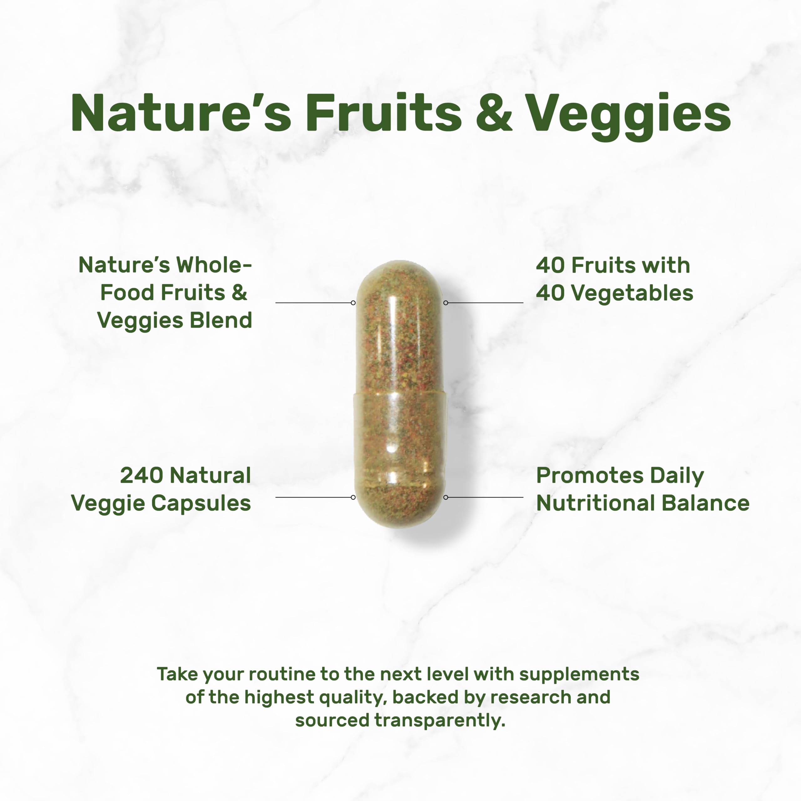 Close-up of veggie capsules from Nature’s Fruits & Veggies Supplement