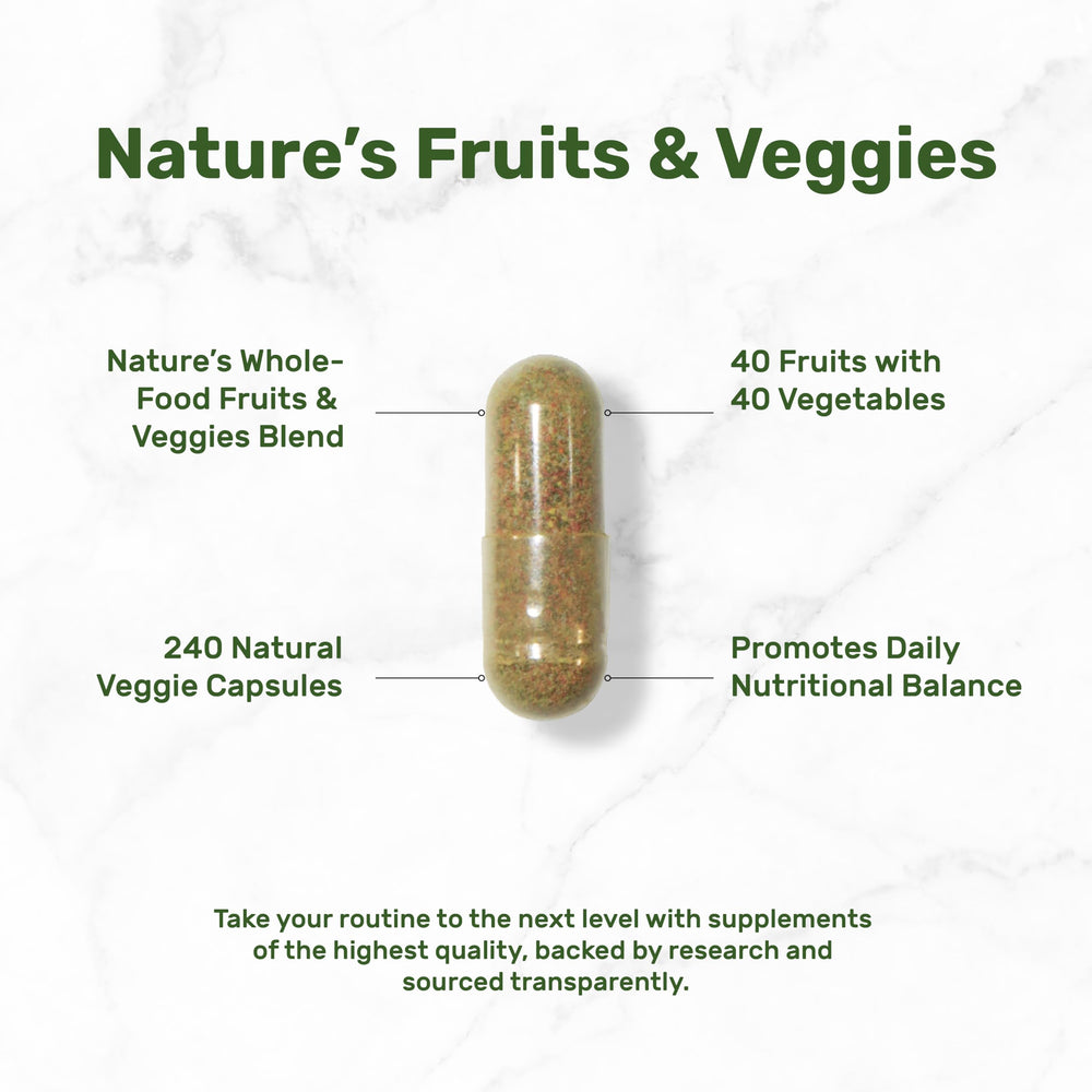 Close-up of veggie capsules from Nature’s Fruits & Veggies Supplement