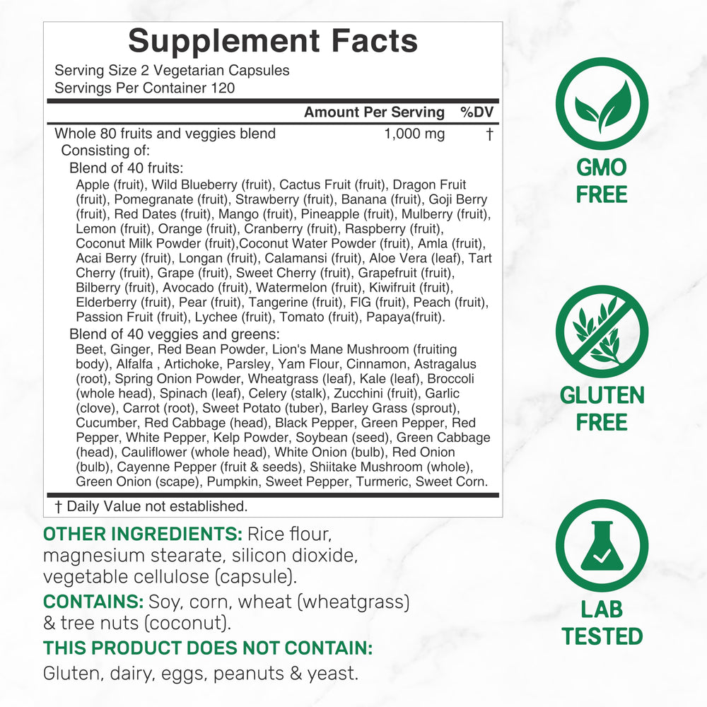 Back label showing nutrition information for Nature’s Fruits & Veggies Supplement