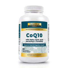 Bottle of Nature's Lab Gold CoQ10 + Alpha Lipoic Acid + Acetyl L-Carnitine HCl capsules close-up with label