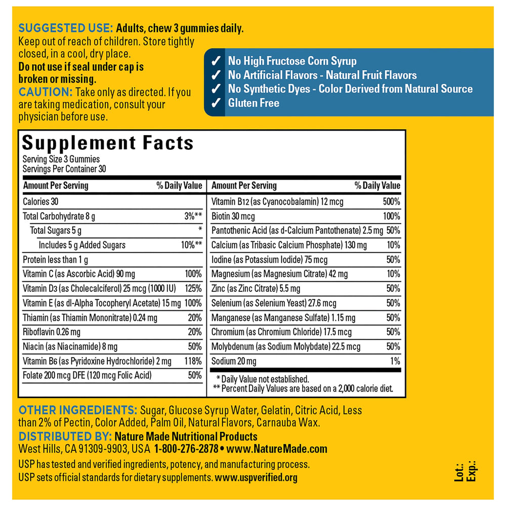 Ingredients and minerals of Nature Made Advanced Multivitamin Gummies for Him