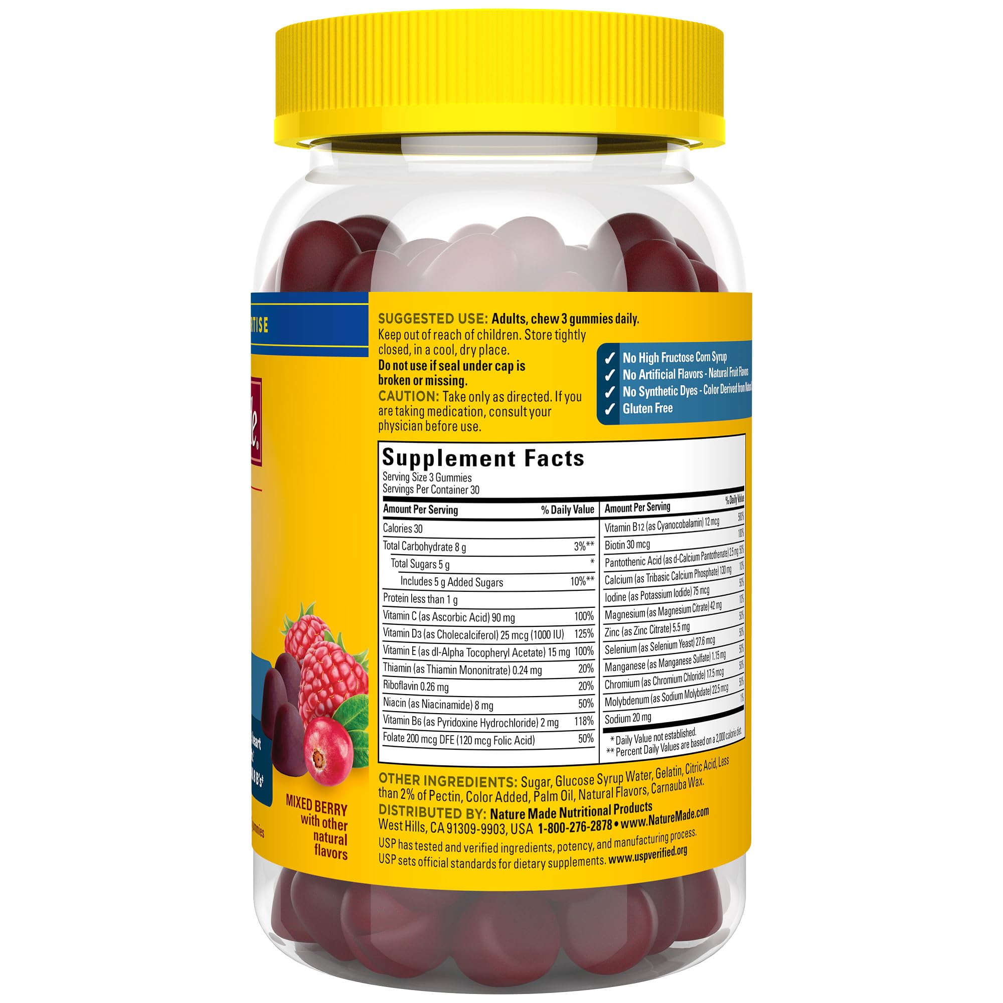 Close-up of Nature Made Advanced Multivitamin Gummies for Him bottle