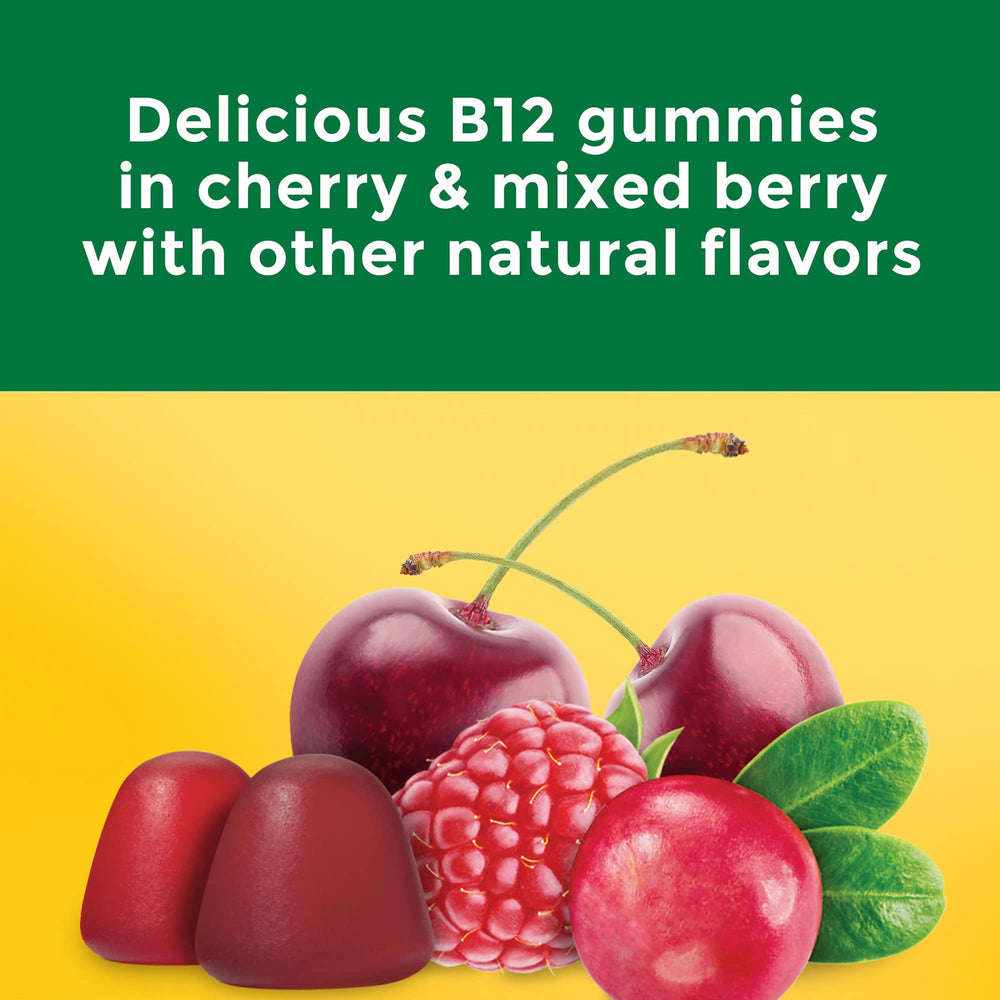 Two cherry flavored B12 gummies on a white background