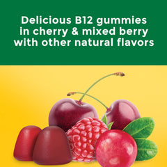 Two cherry flavored B12 gummies on a white background