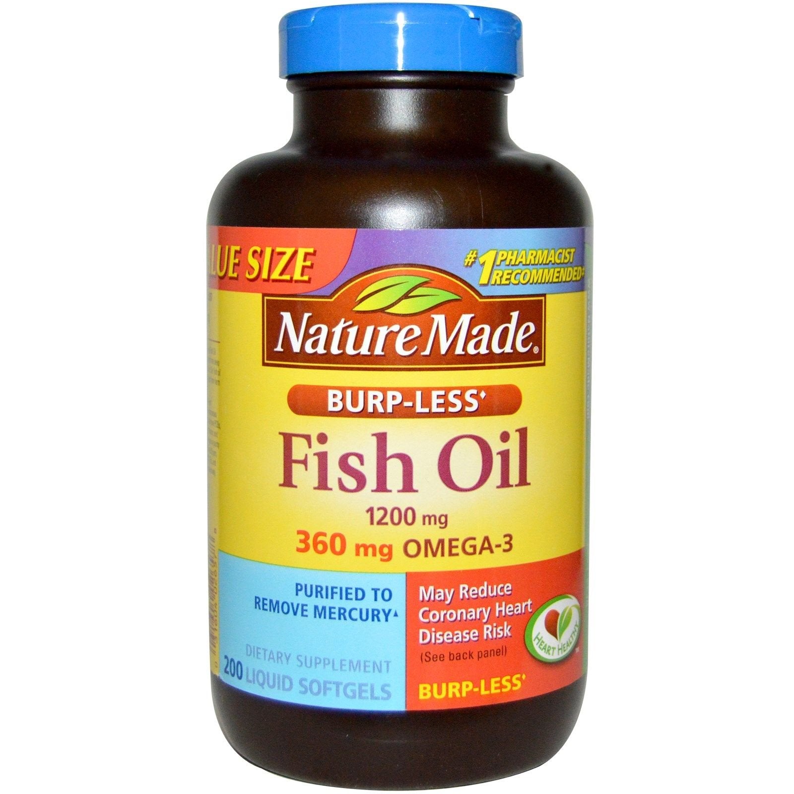 Nature Made Burp-Less Fish Oil 1200 mg bottle with 200 softgels, Pack of 2