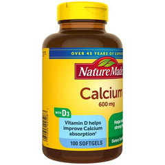 Close-up of Nature Made Calcium 600 mg with Vitamin D Softgels bottle label