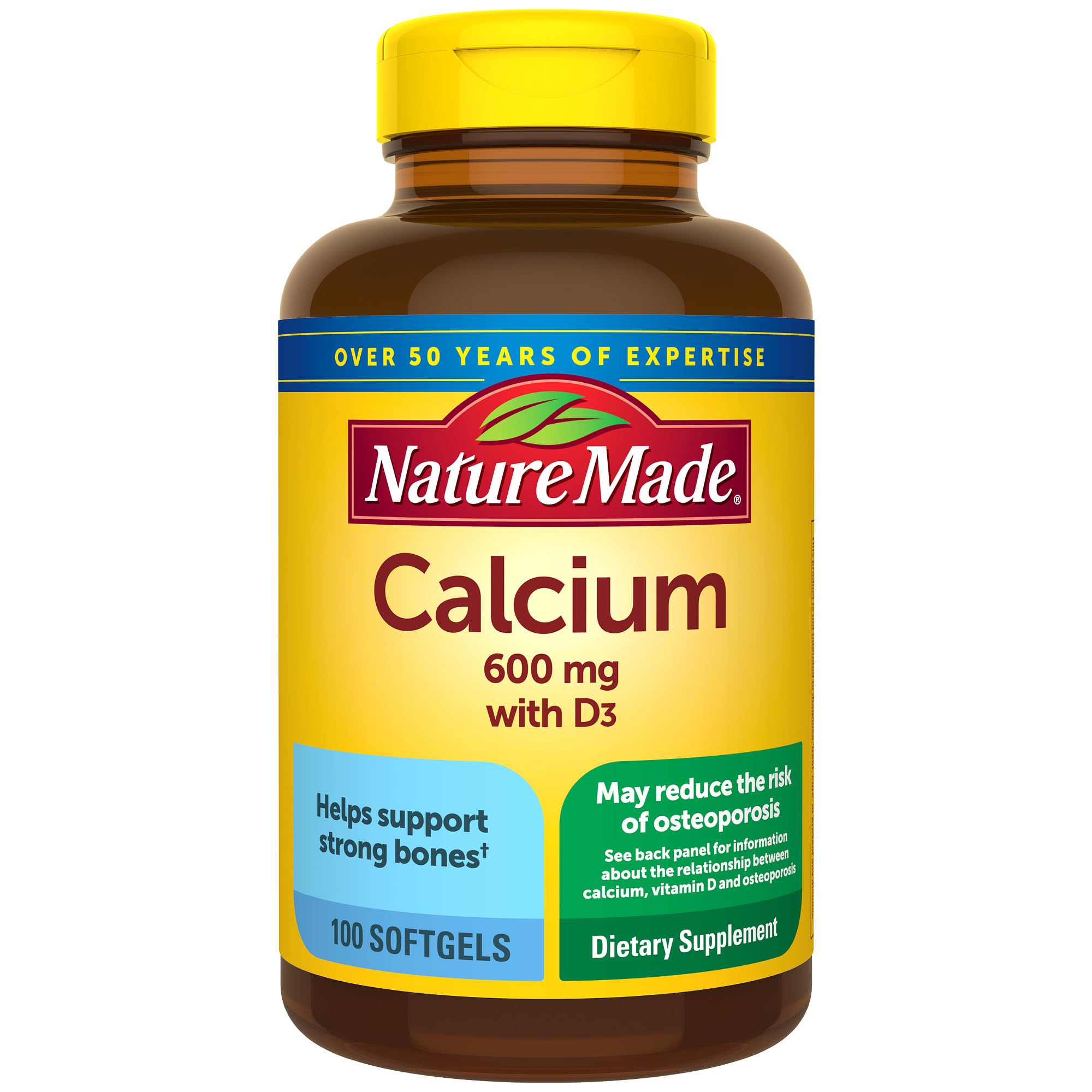Nature Made Calcium 600 mg with Vitamin D3 softgels bottle – 100 count